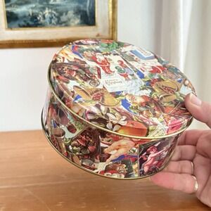 Vintage Victorian Santa Claus Cupid Postcard Ephemera Metal Tin Box 6"